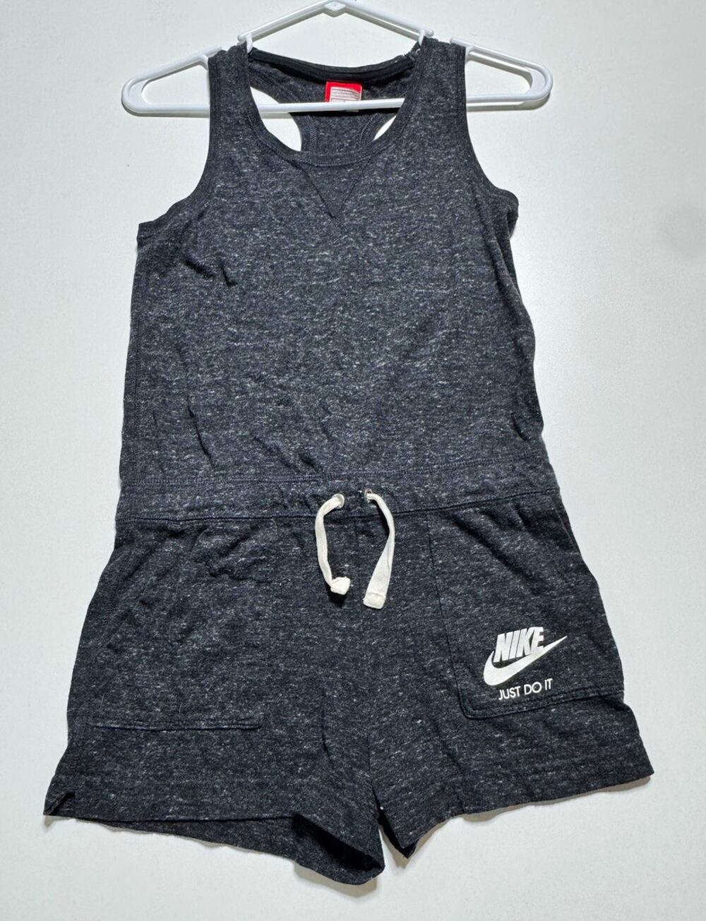 Nike Girls Size L Gray Knit Racerback Romper Drawstring Pockets Sleeveless.
